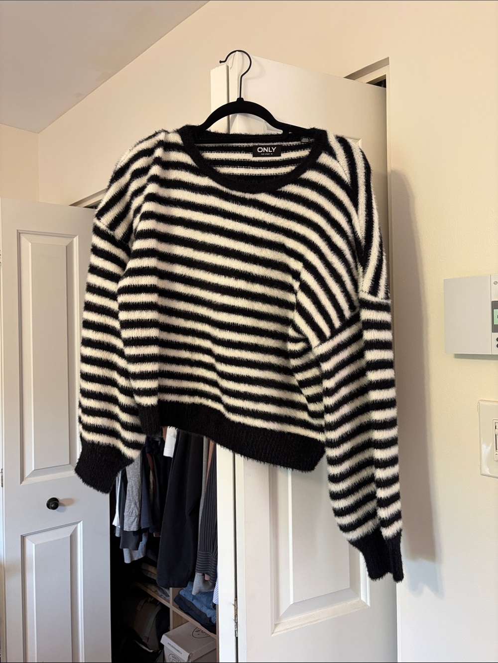 ONLY Black & White Striped Fuzzy Crewneck Sweater